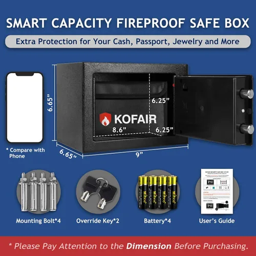 Miniatura 5 de Caja de seguridad KOFAIR para el hogar (0.23 pies cúbicos) con bolsa ignífuga, caja de seguridad personal para ahorro de efectivo, caja de seguridad