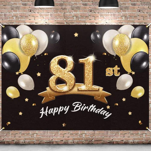 Telón de fondo de pancarta de feliz cumpleaños 81, suministros de decoración de fiesta de cumpleaños número 81 para hombres, color negro y dorado, 4