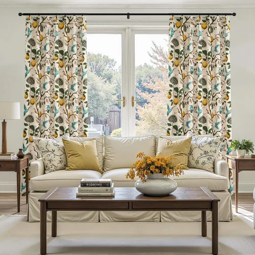 Miniatura 6 de Cortinas beige para cocina, 36 pulgadas de largo, diseño floral botánico de limón y colibrí, cortinas plisadas para oscurecer la habitación