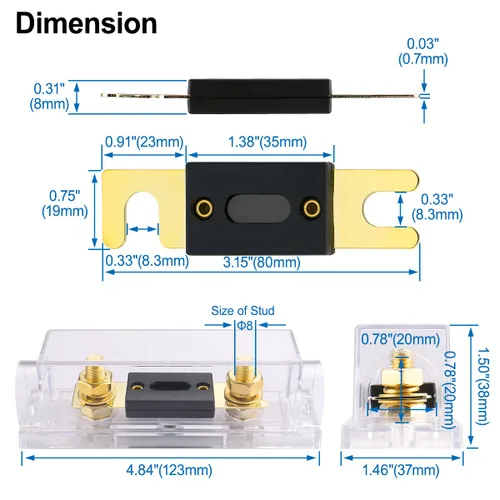 Miniatura 5 de Baomain Kit de portafusibles ANL de 300 A con fusible, terminales chapados en oro, para audio de automóvil, amplificadores, sistemas de CC de 12