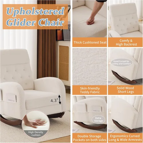 Miniatura 4 de VINGLI Silla de columpio de felpa de estilo teddy con asiento bajo, silla de columpio tapizada en bouclé para cuarto de bebé con bolsillos Forro