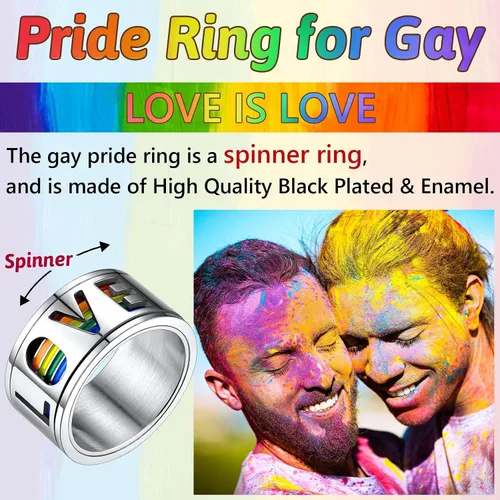 Miniatura 3 de FaithHeart Anillos para ansiedad LGBT Pride Rainbow, acero inoxidable/chapado en oro de 18 quilates, joyería de amor es amor para hombres y mujeres