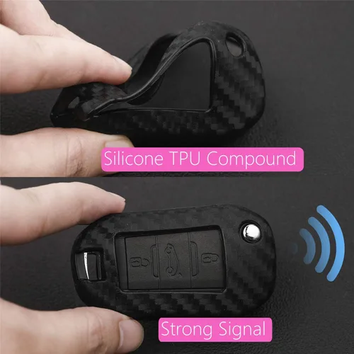 Miniatura 3 de Cubierta de patrón de textura de fibra de carbono de goma de silicona suave para Peugeot, funda de llavero remoto de coche para Peugeot 208 301 308