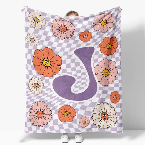 Miniatura 9 de Manta retro de los años 70 con inicial B floral a cuadros, groovy abstracta estética, manta de franela suave personalizada, regalos con monograma