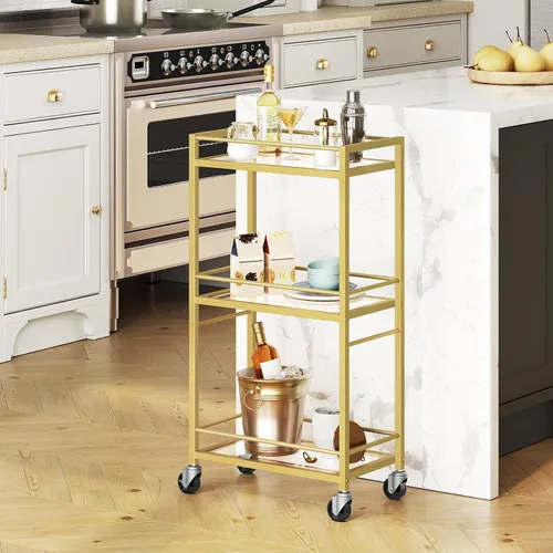 Miniatura 9 de MAHANCRIS Carrito de bar para el hogar, carrito de bebidas de 3 niveles con ruedas, carrito de servicio de bar en casa, carrito de mini bar