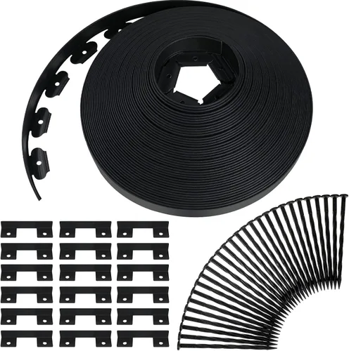 Queekay Kit de bordes de paisaje de 148 pies y 2 pulgadas de alto con 70 púas, 20 conectores, borde de paisaje de plástico, borde de paisajismo Negro