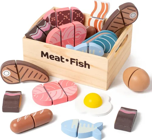 Juego de 10 alimentos de madera para jugar carne y pescado para la cocina de los niños, juguete de madera, juego de corte de alimentos, juego de