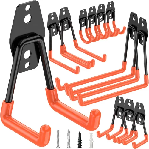 Miniatura 11 de TICONN Paquete de 12 ganchos de garaje resistentes, ganchos de acero para almacenamiento en pared, organizador de colgadores de pared para Negro