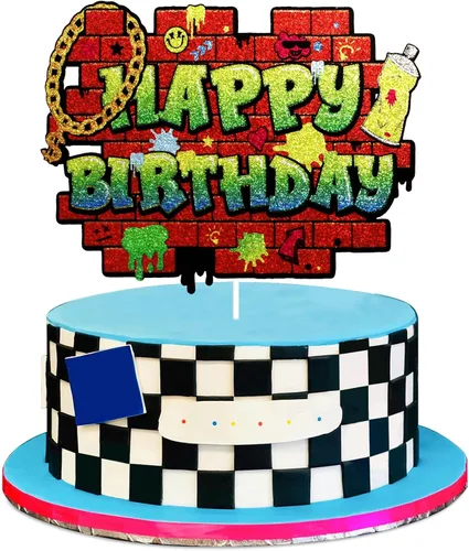 Decoración de pastel de cumpleaños con grafiti de hip hop, decoración de pared de graffiti con purpurina de los años 80, 90, década de los 80, 90,