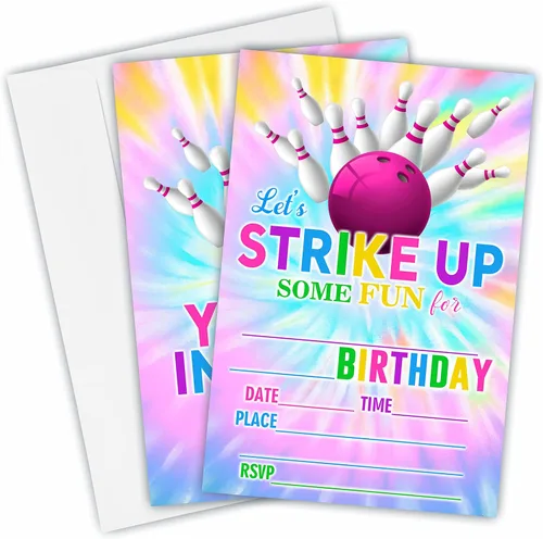 Invitaciones de cumpleaños de bolos de teñido anudado, vamos a entablar algunas divertidas invitaciones de fiesta de cumpleaños para niños y