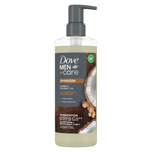 DOVE MEN + CARE Champú 2 en 1 + Acondicionador Aceite de Jengibre y Coco para Cabello Hidratado+Complejo Mineral, 17.5 oz