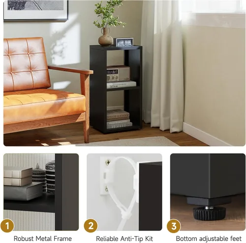Miniatura 9 de Organizador de almacenamiento vertical de 2 cubos de metal, estantería corta negra con espalda abierta, estante de almacenamiento de cubo pequeño