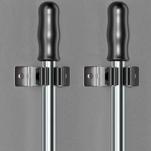 Miniatura 7 de Soporte para escoba y trapeador de alta resistencia montado en la pared con 2 ranuras de agarre de goma y 3 ganchos utilitarios – acero inoxidable
