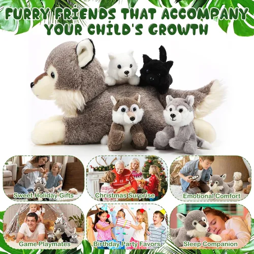 Miniatura 6 de Shappy Juego de 5 juguetes de peluche de lobo de 16 pulgadas con 4 lobos bebés interactivos para niños, niñas, graduación, regreso a clases
