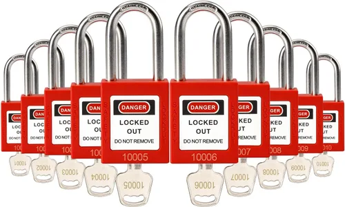Cerraduras de bloqueo con núcleo de latón, con llave diferente, 10 cerraduras de loto rojas, candados de seguridad compatibles con OSHA para kits de