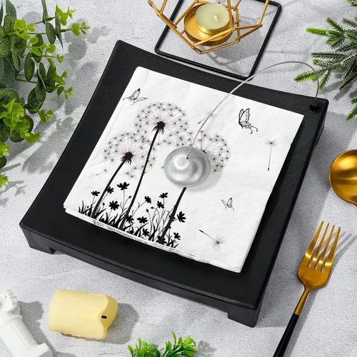 Miniatura 3 de AnyDesign Paquete de 100 servilletas de papel de diente de león, servilletas de almuerzo florales blancas y negras, desechables, decorativas