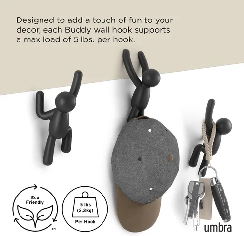 Miniatura 5 de Umbra Buddy Ganchos de pared decorativos montados en la pared para colgar abrigos, bufandas, bolsos, carteras, mochilas, toallas y más, juego de 3