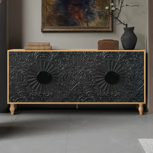 Miniatura 9 de YOPTO Aparador de almacenamiento de madera con tres puertas de vidrio templado y estante ajustable, armario de buffet grande con puerta de flores