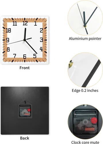 Miniatura 2 de Reloj de pared de madera geométrico naranja, silencioso, sin tictac, diseño de llave griega, tradicional, retro, cuadrado, funciona con pilas, reloj