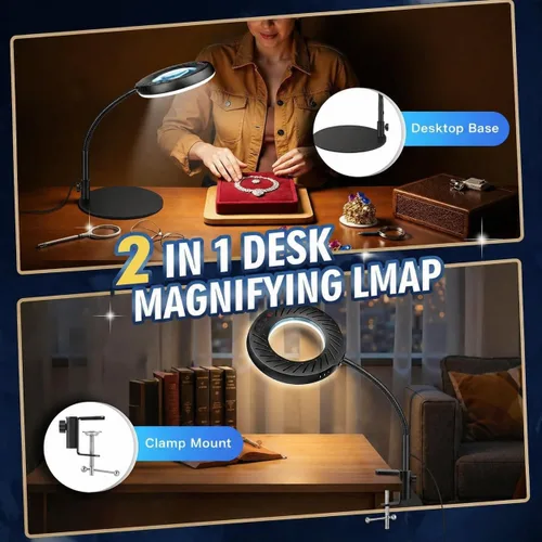 Miniatura 3 de 12 lupas con luz y soporte, 5 modos de color, 9 niveles regulables, lámpara de aumento de cuello de cisne flexible manos libres, lámpara