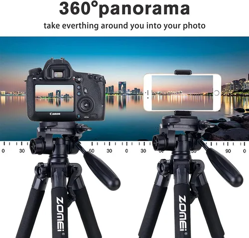 Miniatura 3 de Trípode para cámara de 55 pulgadas Q111 con soporte para teléfono, trípode para celular portátil y ligero para Canon Nikon Sony DSLR, proyector