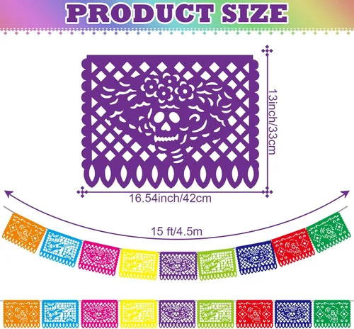 Miniatura 3 de Kinlop 20 pancartas de fiesta mexicana de 15 pies para fiesta de papel picado a granel Cinco de Mayo, banderas de Día de los Muertos Día