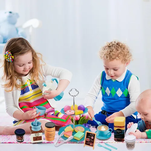 Miniatura 5 de Juego de simulación de fiesta de té para niñas pequeñas, 48 piezas de juego de cafetera y juego de comida postre para niños de 3, 4, 5, 6, 7, 8, 9