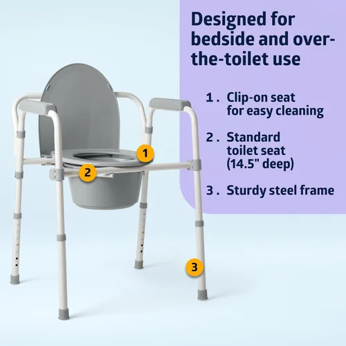 Miniatura 2 de Medline 3 en 1 mesita de noche de acero, asiento estándar, marco plegable resistente, cubo de 7.5 QT, capacidad de peso de 350 lb, asiento con clip