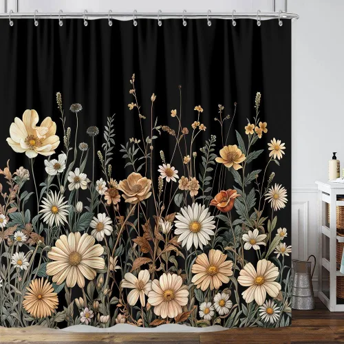 Miniatura 13 de Cortina de ducha de mariposa floral negra y dorada, cortina de ducha bohemia con diseño botánico de flores oscuras para baño con gancho, juego