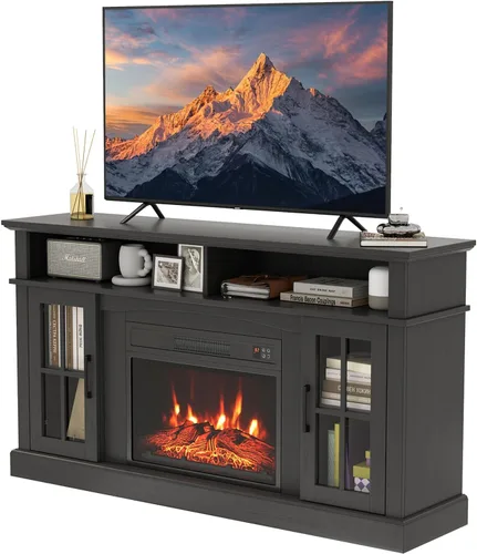 SIMOE Soporte de TV con chimenea de hasta 40'' 65'' TV, chimenea eléctrica de 58 pulgadas, centro de entretenimiento con 2 gabinetes y control Negro