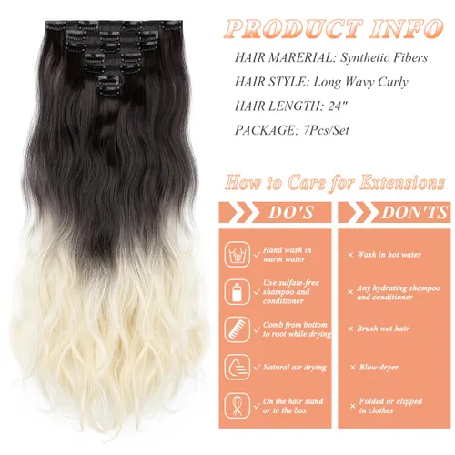 Miniatura 5 de Extensiones de cabello con pinzas, 7 piezas de 24 pulgadas, onduladas, rizadas, extensiones sintéticas de trama gruesa, para mujer, color marrón