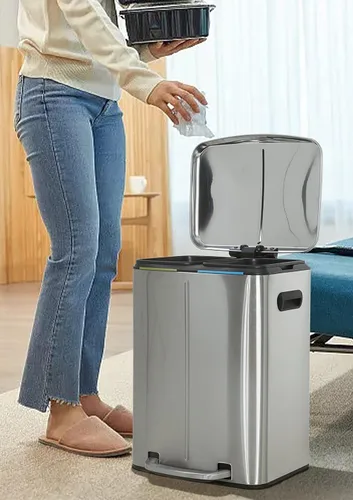 Miniatura 2 de Cubo de basura de acero inoxidable de 10 galones con tapa y asa con bisagras y asa, papelera de metal para cocina, hogar, cocina, oficina, papelera