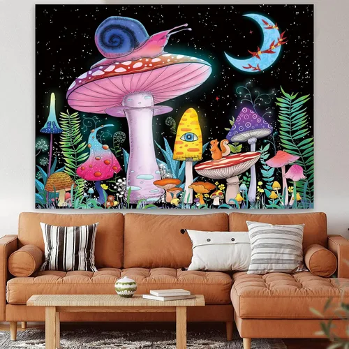 Miniatura 2 de ZYLLGLOW Tapiz de hongos trippy, tapiz de luna y estrellas, tapiz rosa de caracol, tapiz de plantas y hojas de fantasía, tapices de ojos trippy