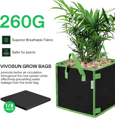 Miniatura 5 de VIVOSUN Paquete de 5 bolsas de cultivo cuadradas de 3 galones, macetas gruesas de tela cúbica no tejida con asas para jardinería interior y exterior