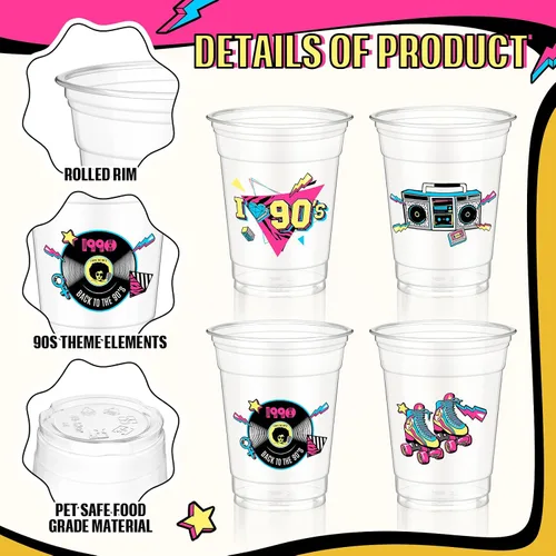 Miniatura 2 de Pickmesh 50 piezas de decoraciones de fiesta temática de los años 90, vasos de plástico de los años 90, suministros de fiesta de hip hop, 12 onzas