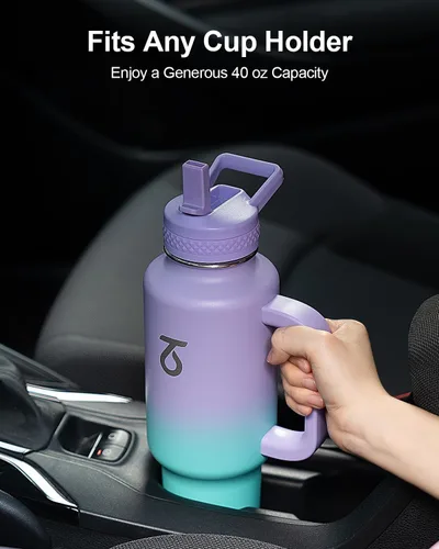 Trebo Botella de agua de 40 onzas con aislamiento que cabe en portavasos de automóvil con asa, botellas de agua de acero inoxidable vaso con tapas