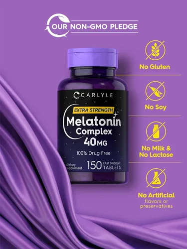 Miniatura 9 de Carlyle Complejo de melatonina de 40 mg 150 tabletas de disolución rápida Soporte extra fuerte con ashwagandha y manzanilla Vegetariano, sin