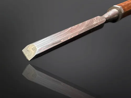 Miniatura 9 de Juego de cinceles de madera de 5 piezas – Cuchillas de borde biselado de acero de Damasco forjadas a mano con cubiertas de cuero y asas