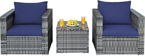Miniatura 9 de HAPPYGRILL Juego de 3 piezas de sofá de mimbre de ratán al aire libre con mesa auxiliar, juego de muebles de patio con cojines suaves para balcón