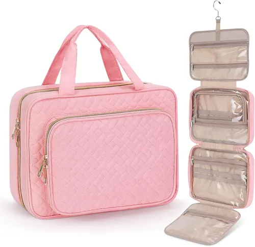 Miniatura 12 de Bolsa de aseo Wedama para mujer, bolsa de viaje grande para cosméticos, bolsa de aseo colgante para baño, bolsa de maquillaje impermeable de PVC Rosa