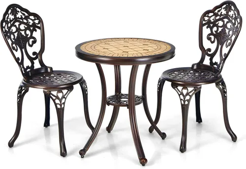 Miniatura 9 de Tangkula Juego de 3 piezas de patio bistró, juego de mesa y sillas de aluminio fundido para exteriores, mesa redonda de bistró y sillas para porche