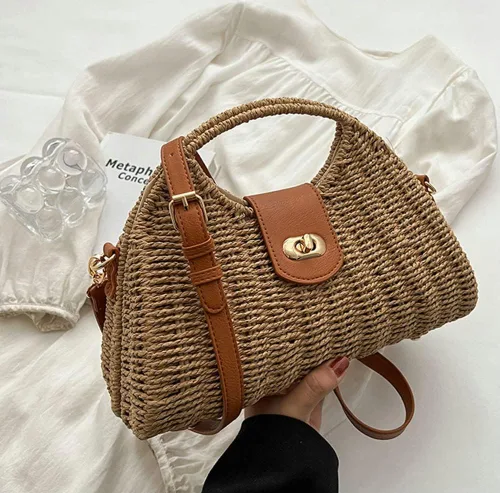 Miniatura 3 de Bolso cruzado de paja para mujer, tejido a mano, bolso de mano de ratán con asa superior de paja, bolso de hombro para playa de verano, bolso