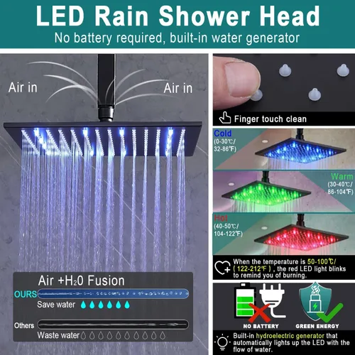 Miniatura 2 de HOMEDEC Sistema de ducha de lluvia LED de 16 pulgadas, válvula desviadora termostática de 3 vías con 6 pulverizadores corporales, todas las Negro