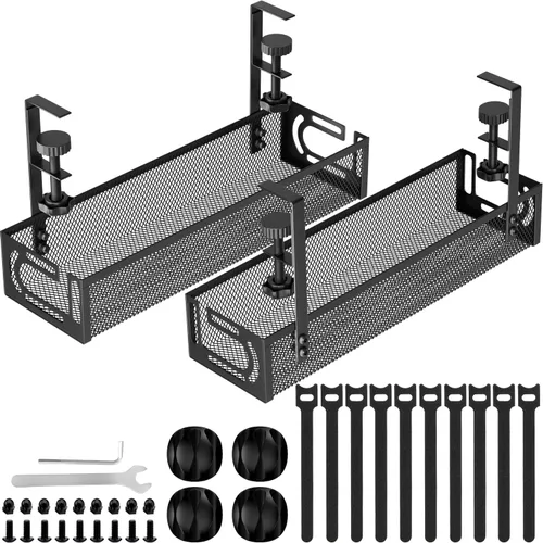 Miniatura 12 de Bandeja de gestión de cables para debajo del escritorio, gestión de cables debajo del escritorio sin taladro, bandeja de gestión de cables con Negro
