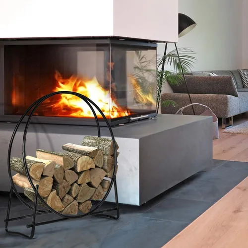 Miniatura 3 de COSTWAY Estante para leña de 41 pulgadas, soporte de madera de acero con recubrimiento en polvo con diseño de doble anillo, aro de leña