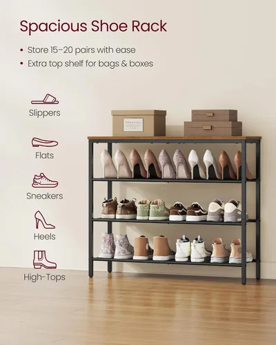 Miniatura 4 de VASAGLE Zapatero de 4 niveles, organizador grande de almacenamiento de zapatos para armario, entrada, 15-20 pares, con 3 estantes de malla metálica
