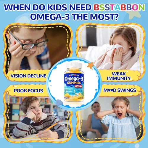 Miniatura 4 de Gomitas veganas con Omega 3 para niños de 4 años: Suplemento natural de ácidos grasos omega-3 DHA EPA con vitamina D3 B12 probiótico luteína zinc