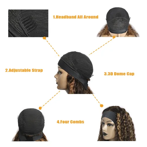 Miniatura 23 de Peluca de cabello humano con diadema de ondas profundas, sin pegamento, pelucas de cabello rizado sin encaje frontal, pelucas de cabello humano