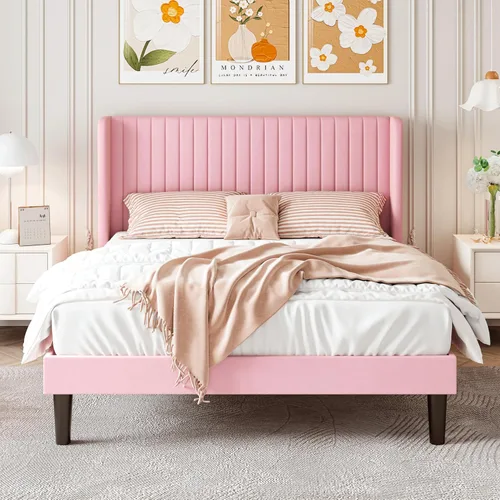 Miniatura 3 de SHA CERLIN Base de cama de terciopelo de tamaño matrimonial con cabecera capitoné de canal vertical, plataforma tapizada con listones de madera,