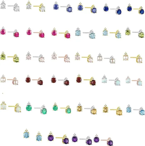 Miniatura 3 de Aretes de tuerca con diamantes y piedras preciosas auténticas, 3 diamantes redondos naturales colocados sobre una piedra preciosa natural, oro rosa